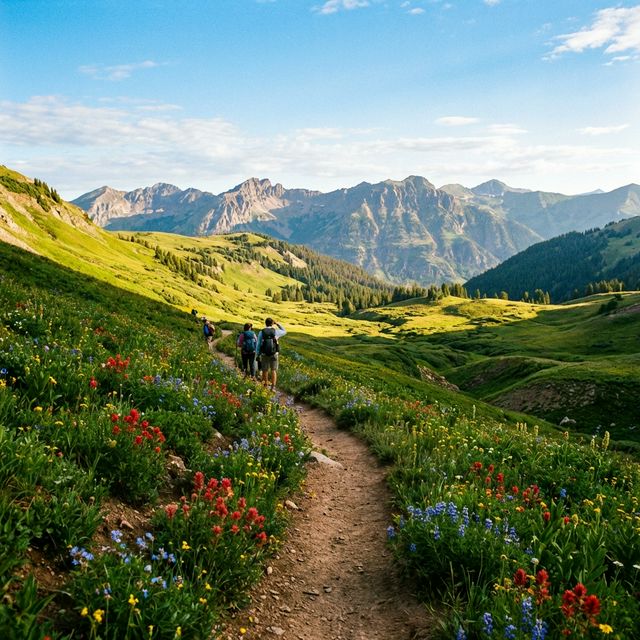 Scenic hiking trail through green hills