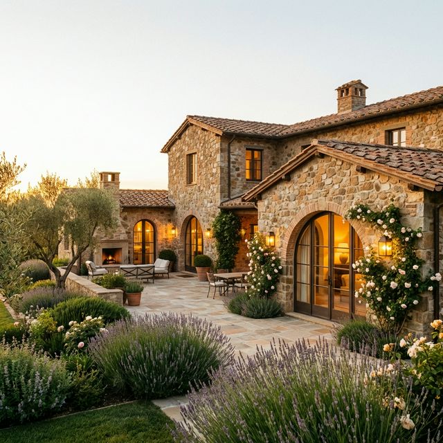 Avon Retreat stone farmhouse exterior at golden hour