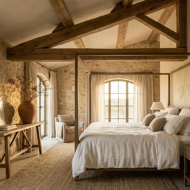 Luxury farmhouse bedroom with stone walls