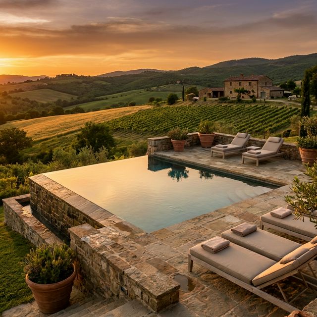Infinity pool overlooking green countryside