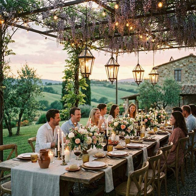 Outdoor dining under pergola at dusk