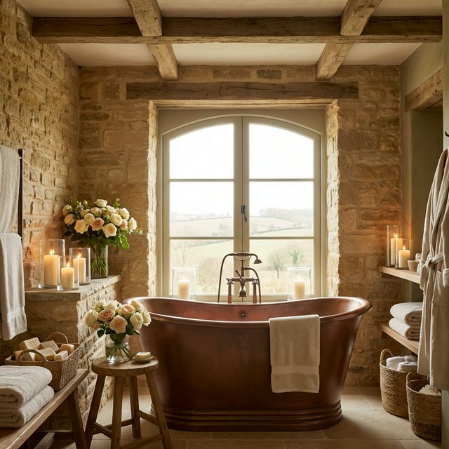 Luxury spa bathroom with freestanding bathtub