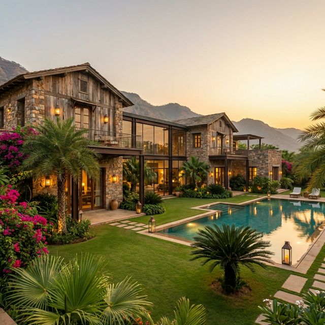 Avon Retreat farmhouse villa at golden hour